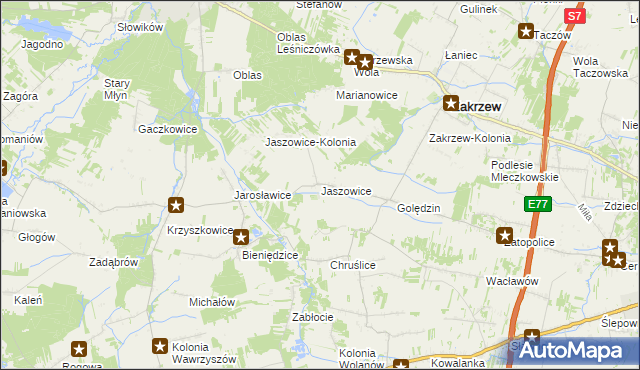 mapa Jaszowice gmina Zakrzew, Jaszowice gmina Zakrzew na mapie Targeo