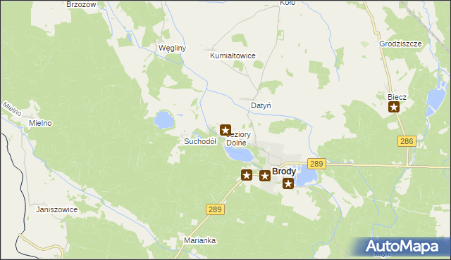 mapa Jeziory Dolne, Jeziory Dolne na mapie Targeo