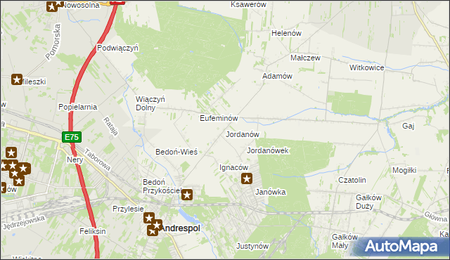 mapa Jordanów gmina Brzeziny, Jordanów gmina Brzeziny na mapie Targeo