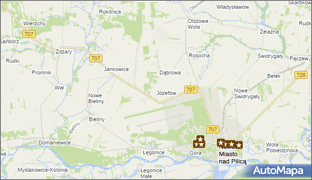 mapa Józefów gmina Nowe Miasto nad Pilicą, Józefów gmina Nowe Miasto nad Pilicą na mapie Targeo