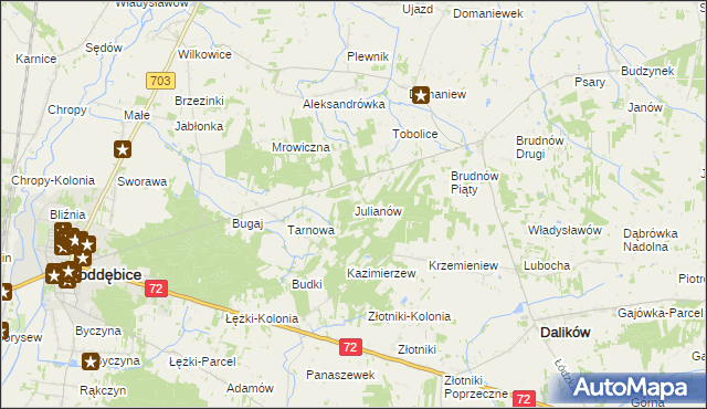 mapa Julianów gmina Dalików, Julianów gmina Dalików na mapie Targeo