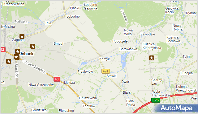 mapa Kamyk gmina Kłobuck, Kamyk gmina Kłobuck na mapie Targeo