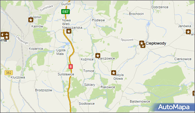mapa Karczowice gmina Ciepłowody, Karczowice gmina Ciepłowody na mapie Targeo