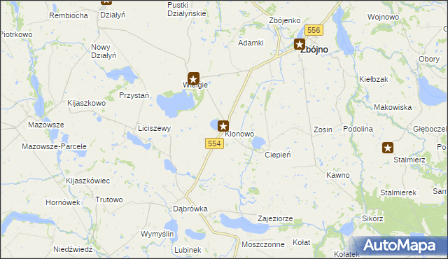 mapa Klonowo gmina Zbójno, Klonowo gmina Zbójno na mapie Targeo