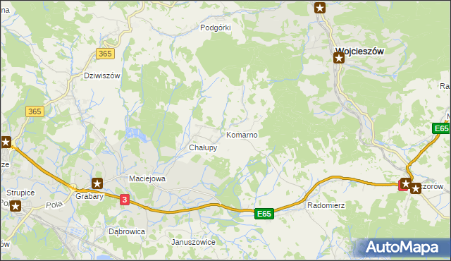 mapa Komarno gmina Janowice Wielkie, Komarno gmina Janowice Wielkie na mapie Targeo