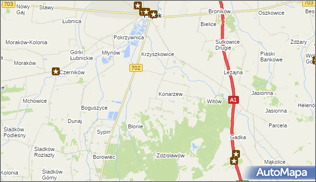 mapa Konarzew gmina Piątek, Konarzew gmina Piątek na mapie Targeo