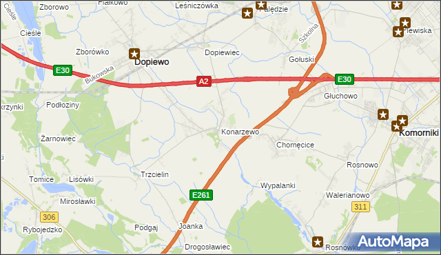 mapa Konarzewo gmina Dopiewo, Konarzewo gmina Dopiewo na mapie Targeo