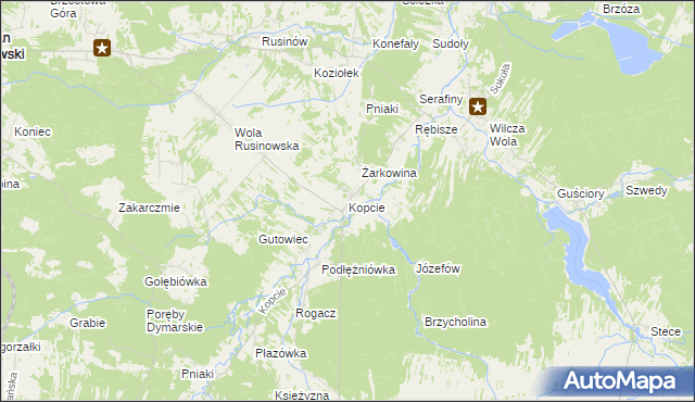 mapa Kopcie gmina Dzikowiec, Kopcie gmina Dzikowiec na mapie Targeo