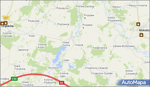 mapa Kopcie gmina Grębków, Kopcie gmina Grębków na mapie Targeo