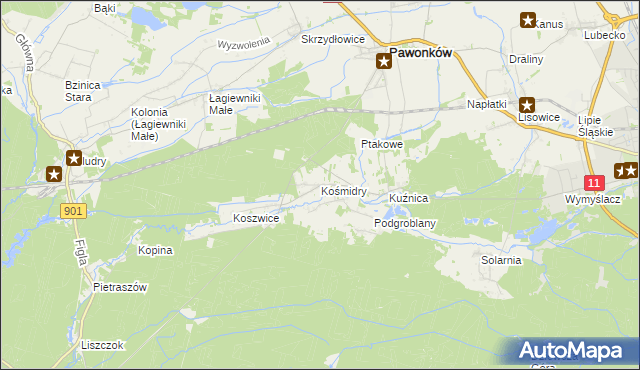 mapa Kośmidry gmina Pawonków, Kośmidry gmina Pawonków na mapie Targeo
