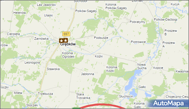 mapa Kózki gmina Grębków, Kózki gmina Grębków na mapie Targeo