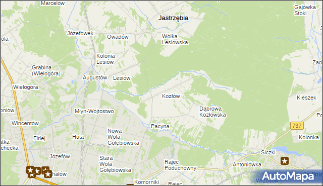 mapa Kozłów gmina Jastrzębia, Kozłów gmina Jastrzębia na mapie Targeo