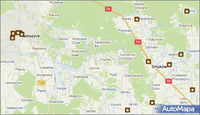 mapa Kozów gmina Smyków, Kozów gmina Smyków na mapie Targeo