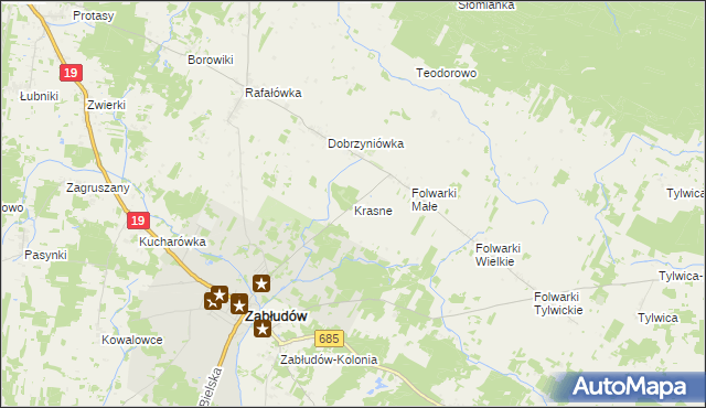 mapa Krasne gmina Zabłudów, Krasne gmina Zabłudów na mapie Targeo