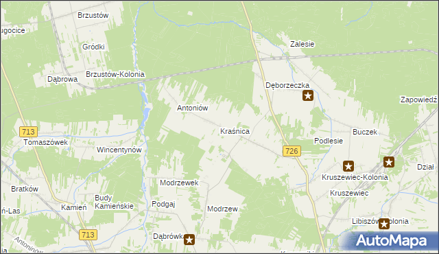 mapa Kraśnica gmina Opoczno, Kraśnica gmina Opoczno na mapie Targeo