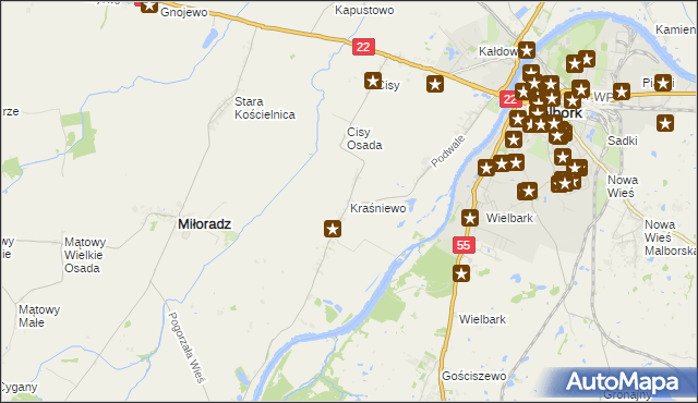 mapa Kraśniewo gmina Malbork, Kraśniewo gmina Malbork na mapie Targeo