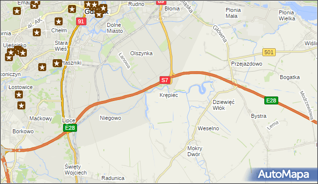 mapa Krępiec gmina Pruszcz Gdański, Krępiec gmina Pruszcz Gdański na mapie Targeo