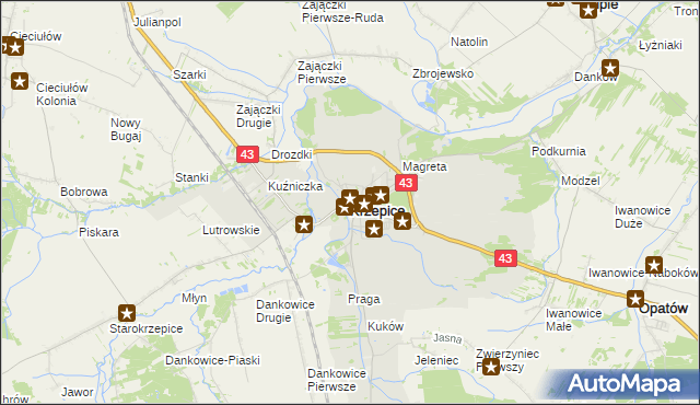 mapa Krzepice powiat kłobucki, Krzepice powiat kłobucki na mapie Targeo