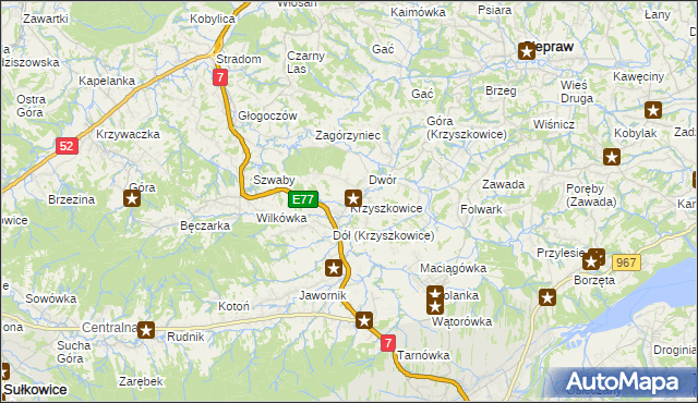 mapa Krzyszkowice gmina Myślenice, Krzyszkowice gmina Myślenice na mapie Targeo