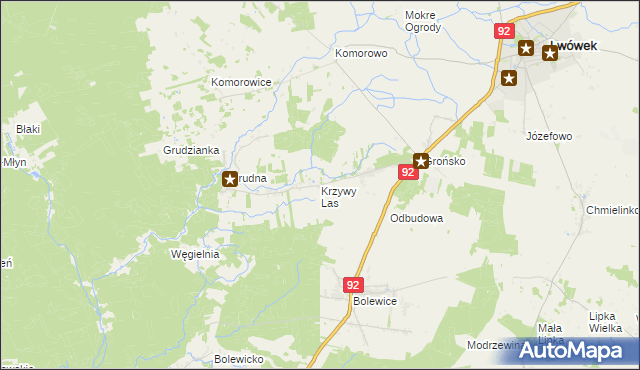 mapa Krzywy Las gmina Lwówek, Krzywy Las gmina Lwówek na mapie Targeo