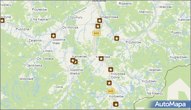 mapa Krzyżowa gmina Jeleśnia, Krzyżowa gmina Jeleśnia na mapie Targeo