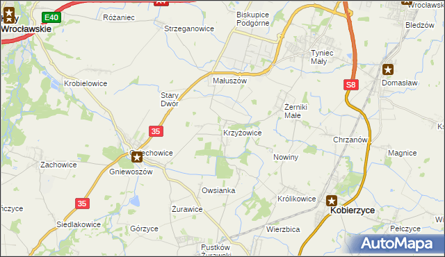 mapa Krzyżowice gmina Kobierzyce, Krzyżowice gmina Kobierzyce na mapie Targeo