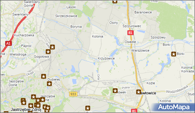 mapa Krzyżowice gmina Pawłowice, Krzyżowice gmina Pawłowice na mapie Targeo