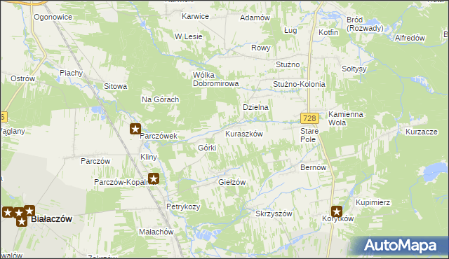 mapa Kuraszków gmina Białaczów, Kuraszków gmina Białaczów na mapie Targeo