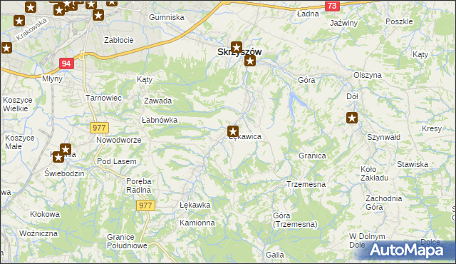 mapa Łękawica gmina Skrzyszów, Łękawica gmina Skrzyszów na mapie Targeo