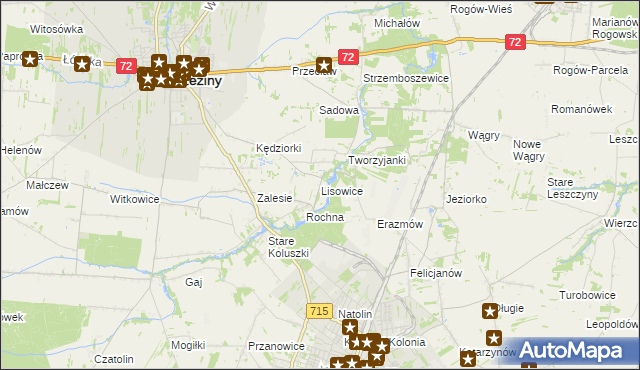 mapa Lisowice gmina Koluszki, Lisowice gmina Koluszki na mapie Targeo