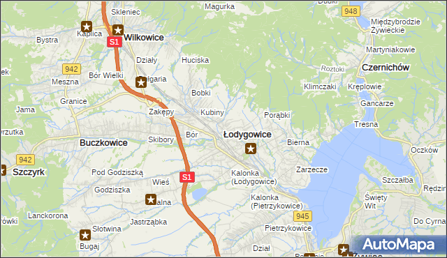 mapa Łodygowice powiat żywiecki, Łodygowice powiat żywiecki na mapie Targeo