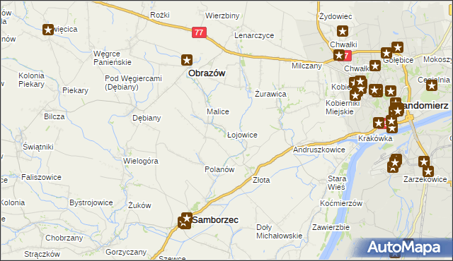 mapa Łojowice gmina Samborzec, Łojowice gmina Samborzec na mapie Targeo