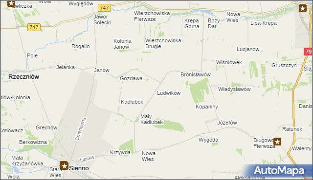 mapa Ludwików gmina Sienno, Ludwików gmina Sienno na mapie Targeo