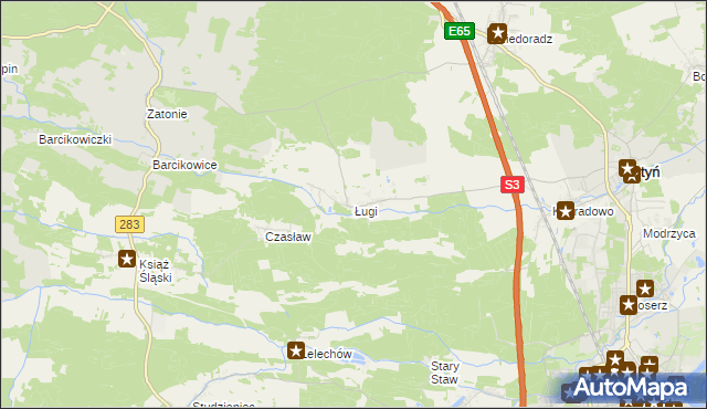 mapa Ługi gmina Otyń, Ługi gmina Otyń na mapie Targeo