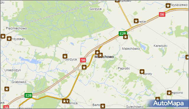 mapa Malechowo powiat sławieński, Malechowo powiat sławieński na mapie Targeo