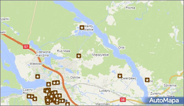 mapa Międzylesie gmina Ostróda, Międzylesie gmina Ostróda na mapie Targeo