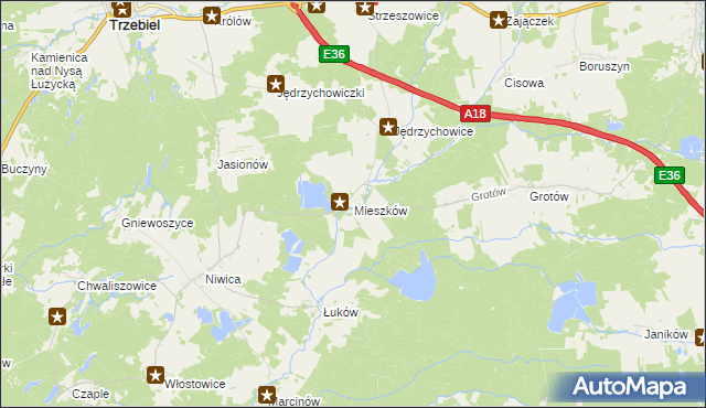 mapa Mieszków gmina Trzebiel, Mieszków gmina Trzebiel na mapie Targeo