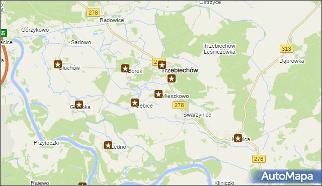 mapa Mieszkowo gmina Trzebiechów, Mieszkowo gmina Trzebiechów na mapie Targeo