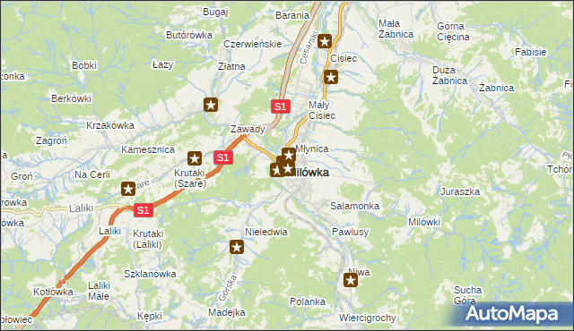 mapa Milówka powiat żywiecki, Milówka powiat żywiecki na mapie Targeo