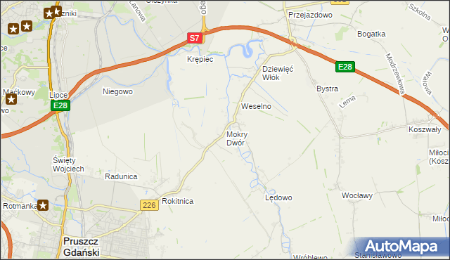 mapa Mokry Dwór gmina Pruszcz Gdański, Mokry Dwór gmina Pruszcz Gdański na mapie Targeo