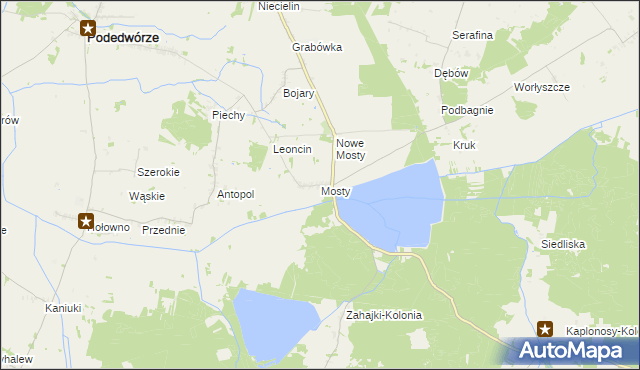 mapa Mosty gmina Podedwórze, Mosty gmina Podedwórze na mapie Targeo
