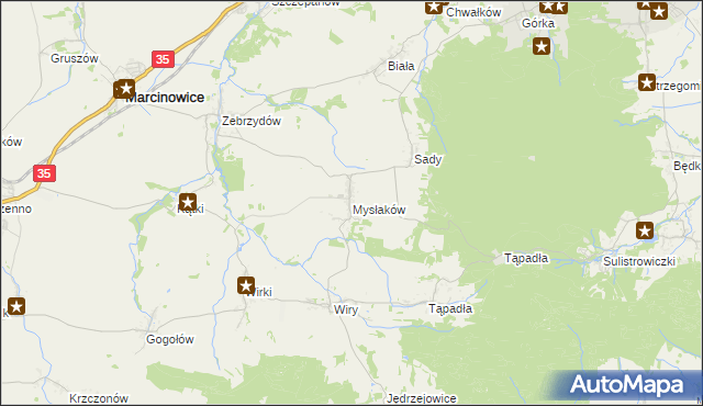 mapa Mysłaków gmina Marcinowice, Mysłaków gmina Marcinowice na mapie Targeo