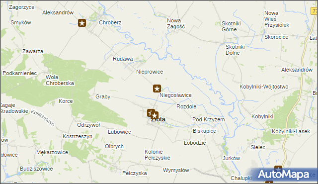 mapa Niegosławice gmina Złota, Niegosławice gmina Złota na mapie Targeo