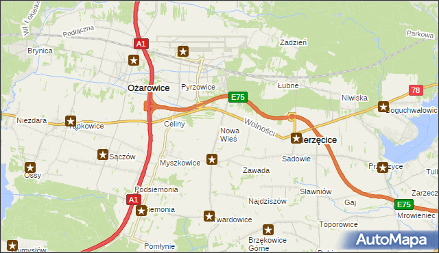 mapa Nowa Wieś gmina Mierzęcice, Nowa Wieś gmina Mierzęcice na mapie Targeo