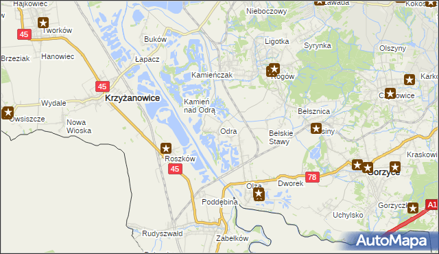 mapa Odra gmina Gorzyce, Odra gmina Gorzyce na mapie Targeo