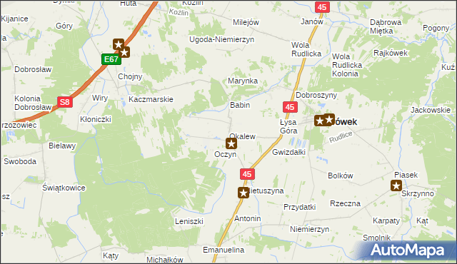 mapa Okalew gmina Ostrówek, Okalew gmina Ostrówek na mapie Targeo