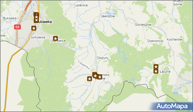 mapa Olszyny gmina Kamienna Góra, Olszyny gmina Kamienna Góra na mapie Targeo