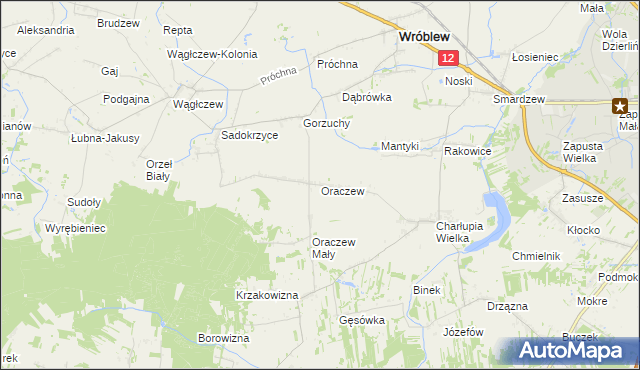 mapa Oraczew gmina Wróblew, Oraczew gmina Wróblew na mapie Targeo