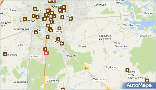 mapa Osiniec gmina Gniezno, Osiniec gmina Gniezno na mapie Targeo