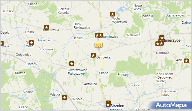 mapa Ostrołęka gmina Sulmierzyce, Ostrołęka gmina Sulmierzyce na mapie Targeo